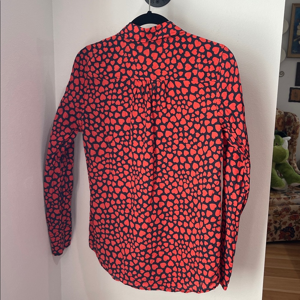 J. CREW silk button blouse, black with red hearts - Picture 5 of 7